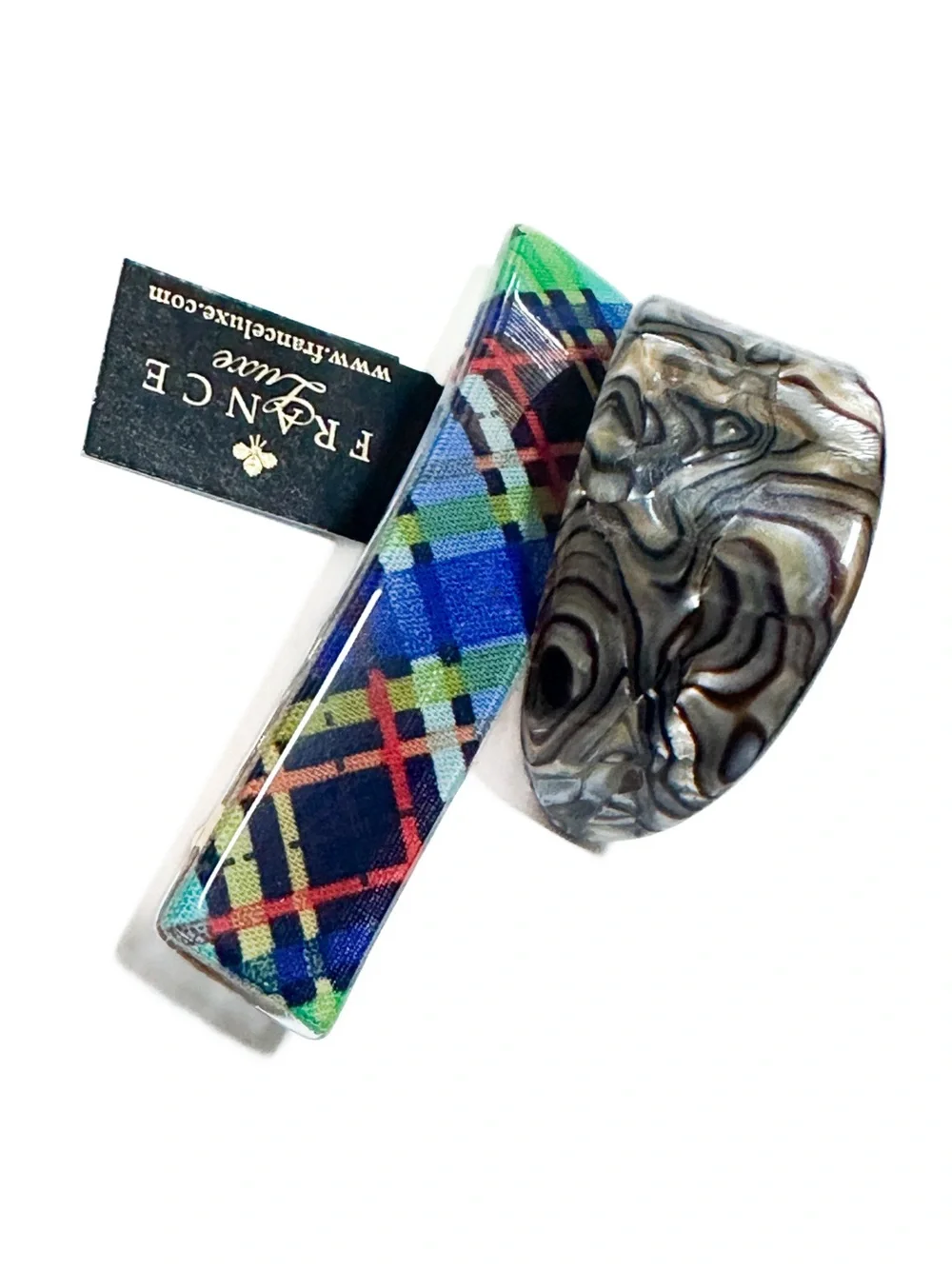 Set of 2 France Luxe Volume Barrette Hair Clips Plaid Tortoiseshell Handmade